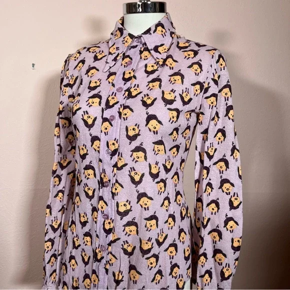 Vintage 60 '70 Mod MCM the red Eye Pig Print Lavender Dagger collar Shirt - Picture 6 of 16